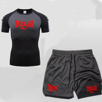 EVERLAST Maglietta a compressione da uomo + pantaloncini sportivi 2 in 1 Set 2 pezzi Tempo libero Traspirante Manica corta Sport Jogging Palestra Abbigliamento di marca Stampa