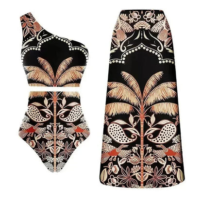 Sexy Bird Print Mesh High Waist Bikini 3 Pieces Sets Women Fashion Hollow Out One Pieces Swimwear 2024 New Beach Sarong Monokini