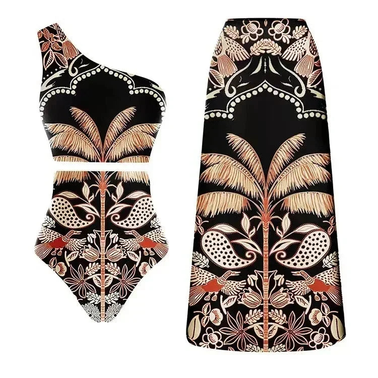 Bikini sexy a vita alta con stampa di uccelli in rete, set da 3 pezzi, costume da bagno intero alla moda con intagli, nuovo pareo da spiaggia 2024, monokini