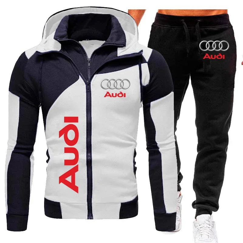 Tuta sportiva con logo Audi, set di 2 pezzi in pile caldo, felpa con cappuccio + pantaloni, tuta sportiva Audi da uomo