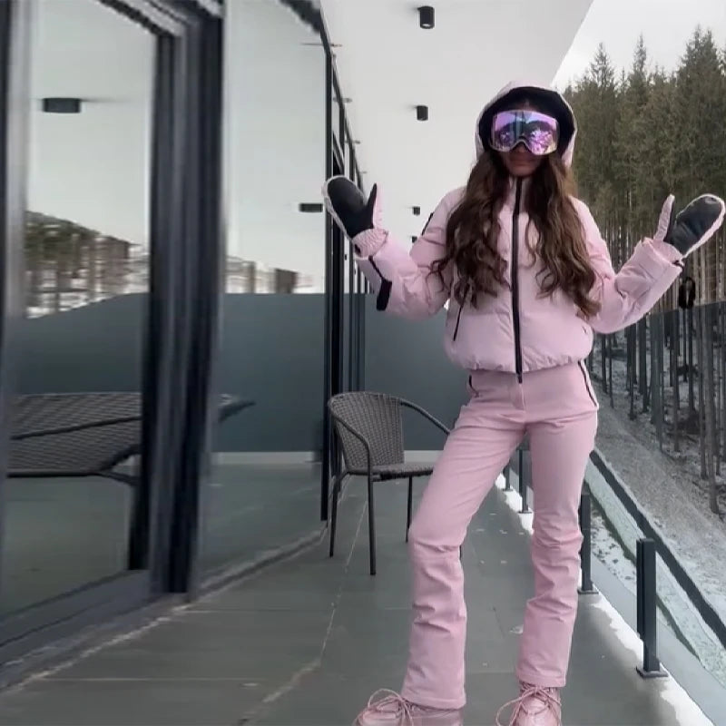 Thicken Warm Women's Skiwear Pink High Collar Hooded Cotton Padded Coats Straight Leg Zipper Pants 2025 New Winter Lady Ski Suit