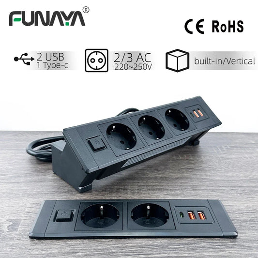 FUNAYA Built-in Desktop Hidden Socket EU KR Concealed Sockets with USB Type-c Power Electric AC Vertical Outlets for Furniture