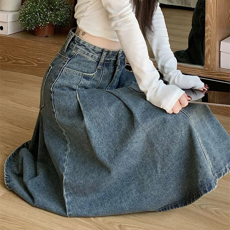 Gonna in jeans a vita alta da donna, alla moda estiva, vintage, stile vintage, per ragazze, casual, stile coreano, lunghezza media.