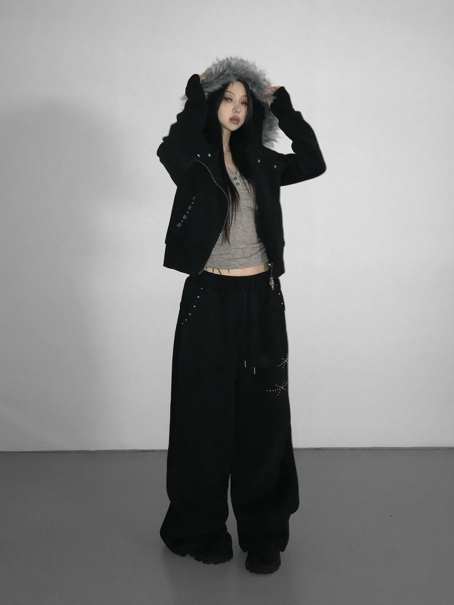 Black Gothic Casual Sweatpants American Hip-Hop Retro Rivets Loose Wide-Leg Pants For Women Korean Jogging High-Waist Streetwear