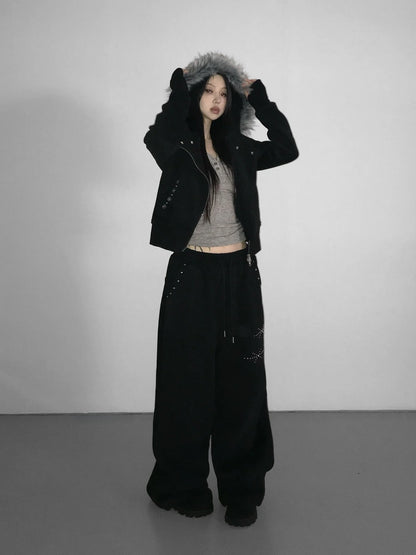 Black Gothic Casual Sweatpants American Hip-Hop Retro Rivets Loose Wide-Leg Pants For Women Korean Jogging High-Waist Streetwear