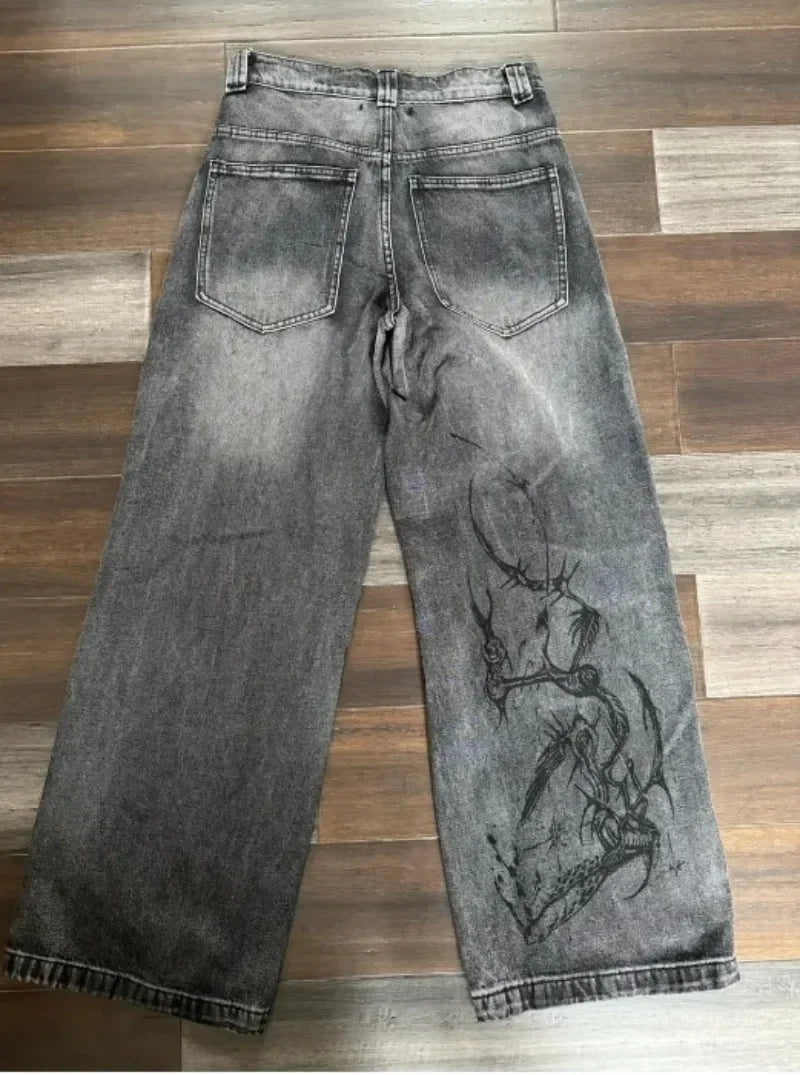 2024 Nuova tendenza americana 2024 Jeans larghi con ricamo hip-hop retrò per uomo e donna Y2K Harajuku Gothic Streetwear