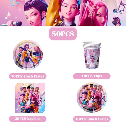 Kpop Demon Hunter Birthday Decoration Set Kpop Girl Cup Pate Happy Balloon Happy Banner Gift Bags Supplies for Kids Party Favors