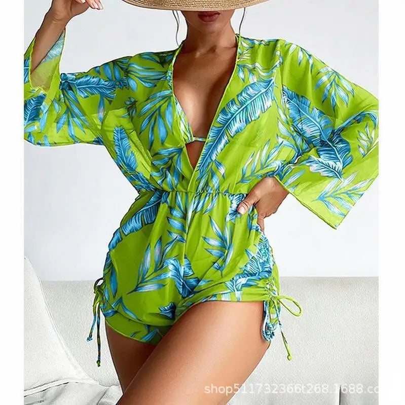Conservative Leaf Print Bikini Three Piece Set Waist Cinching String Sports Style Beach Swimsuit High Elasticity Polyester