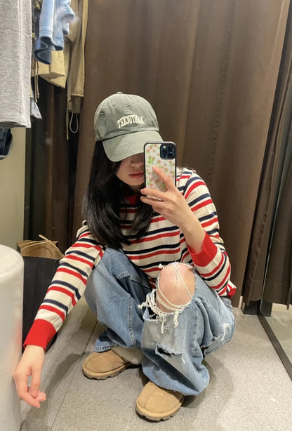 ETJ 2025 nuovi jeans da donna street fashion a vita media con risvolto, lavati e strappati, versione ampia dei pantaloni lunghi fino al pavimento