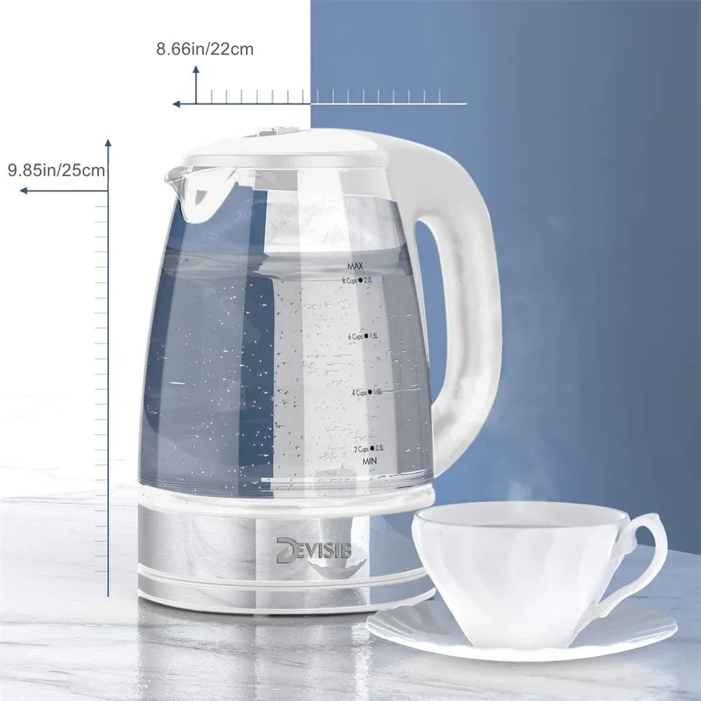 Bollitore elettrico in vetro DEVISIB, 2200W, ebollizione rapida, controllo della temperatura, mantenimento in caldo per 4 ore, 2,0 litri, ideale anche come bollitore per tè e acqua calda.