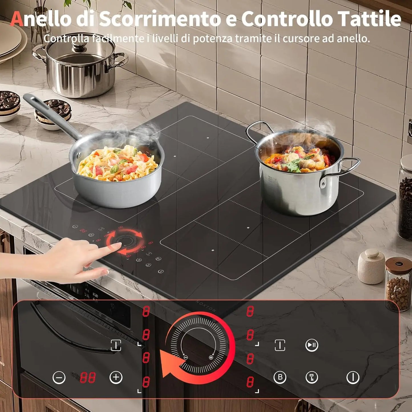 Piano cottura a induzione NOXTON a 4 zone con 2 zone combinate, 60 cm da incasso con booster, timer, blocco di sicurezza, pausa, 230V, 7200W, senza spina