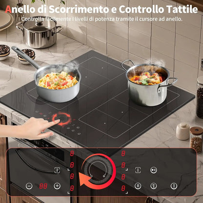 Piano cottura a induzione NOXTON a 4 zone con 2 zone combinate, 60 cm da incasso con booster, timer, blocco di sicurezza, pausa, 230V, 7200W, senza spina