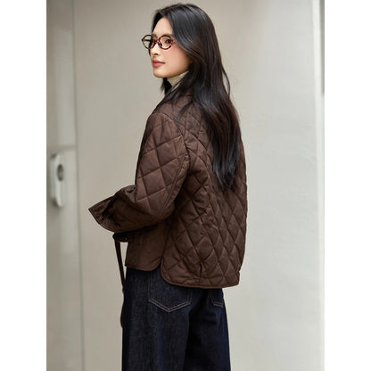 VIMLY Women's Vintage Diamond Quilted Puffer Coat 2025 Winter Oversized Polo Neck Parkas Plaid Spliced Cuff Lady Outwear A2796