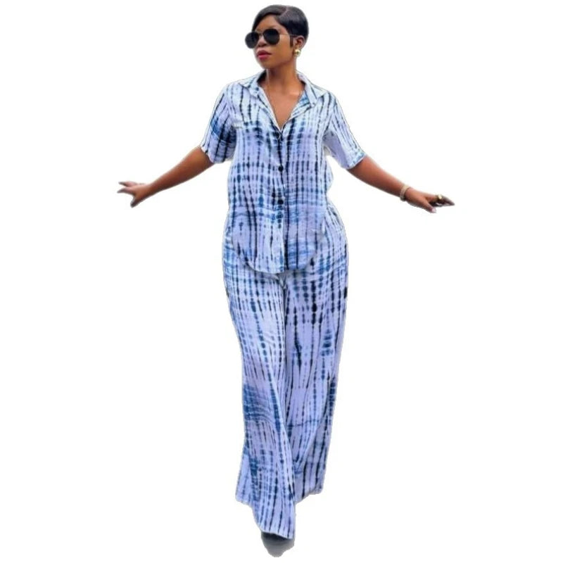 Women Two Piece Sets Pant Set Turn Down Collar Short Sleeve Shirt Wide Leg Long Pants Elastic Waist Y2k Streetwear Casual Loose