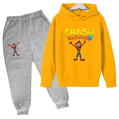 Completo per bambini con felpa con cappuccio e pantaloni a tema Crash Bandicoot, ideale per primavera e autunno, taglie 3-13 anni, abbigliamento casual per bambini e bambine.