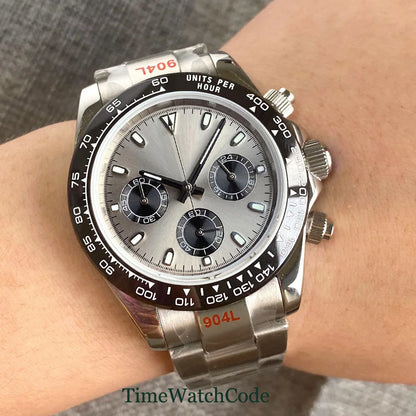 Orologio cronometro Tandorio da uomo, 39 mm, movimento al quarzo VK63, quadrante grigio, vetro zaffiro, cronografo completo, bracciale in acciaio inossidabile 316L, cinturino in gomma.
