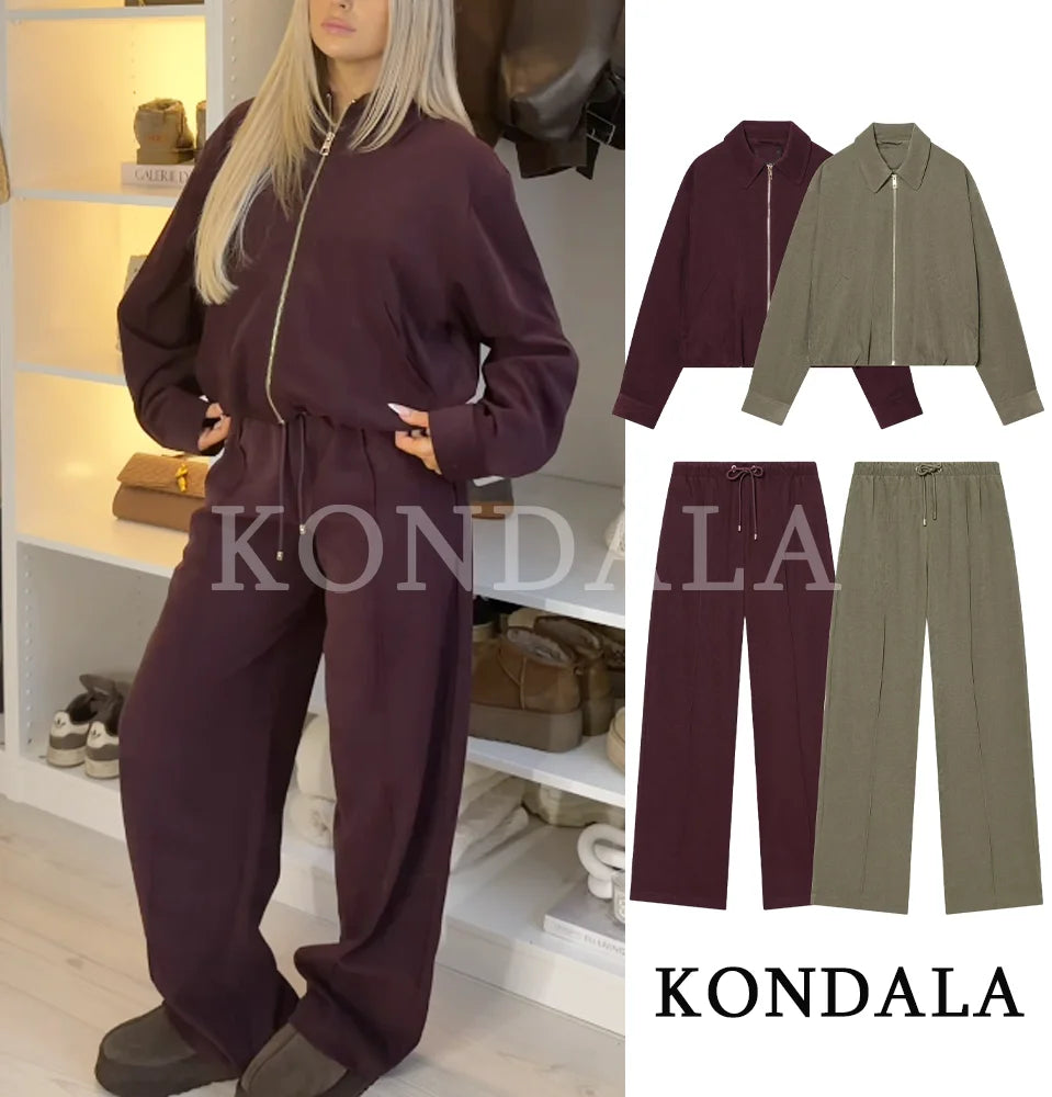 KONDALA Set di pantaloni casual alla moda da donna, eleganti, stile High Street, con risvolto largo, giacca con cerniera, pantaloni con coulisse, set per le vacanze primaverili 2026