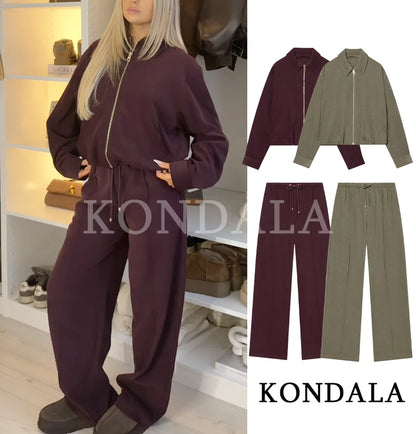 KONDALA Set di pantaloni casual alla moda da donna, eleganti, stile High Street, con risvolto largo, giacca con cerniera, pantaloni con coulisse, set per le vacanze primaverili 2026