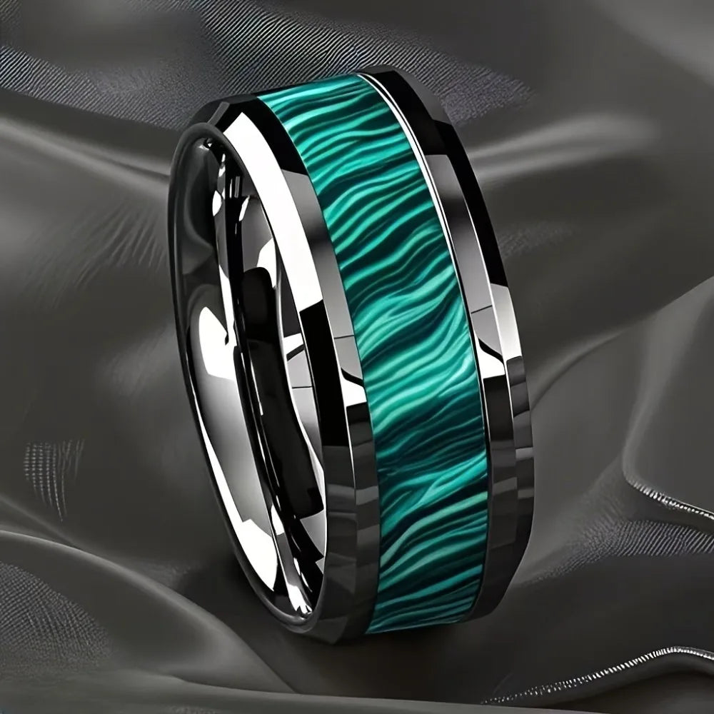 Anelli da uomo in acciaio inossidabile color argento con intarsio in pietra imitazione pavone da 8 mm, gioielli per matrimonio da uomo, anello in acciaio