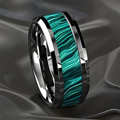 Anelli da uomo in acciaio inossidabile color argento con intarsio in pietra imitazione pavone da 8 mm, gioielli per matrimonio da uomo, anello in acciaio