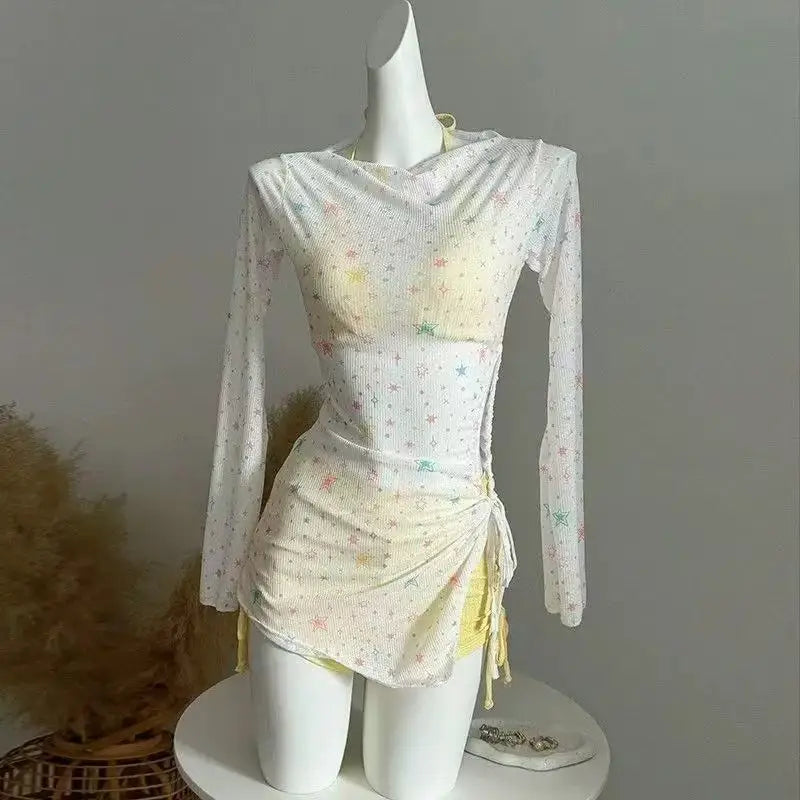 Nuovo bikini a 4 pezzi da donna a vita alta, modello Fairy Sweet, 2026 - Stampa alla moda, ideale per vacanze al mare, feste estive e molto altro.