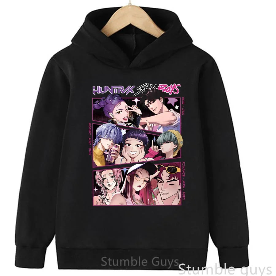 Felpa con cappuccio a maniche lunghe per bambini con stampa anime autunnale KPop Demon Hunters, abbigliamento sportivo, vestiti casual per ragazzi e ragazze.
