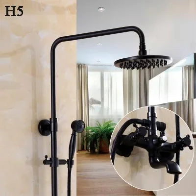 Bathroom Antique Black Painting Brass Lifting Column Wall Mount Shower Set 8" 3-Functions Hot Cold Rainfall Shower Mixer Tap