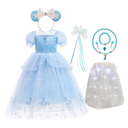 Abito da principessa Elsa per cosplay, blu, in rete con paillettes, per bambina, ideale per feste di compleanno, carnevale e Halloween, adatto a bambini dai 2 ai 10 anni.