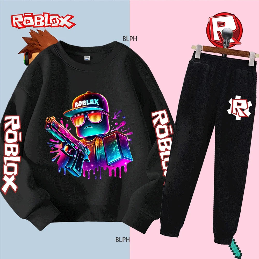 Set felpa con cappuccio Roblox per bambini e bambine, felpa alla moda a maniche lunghe con pantaloni e stampa di personaggi dei cartoni animati, casual