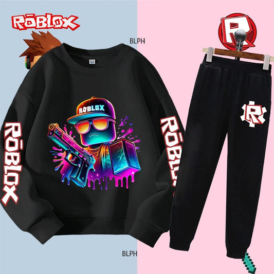 Set felpa con cappuccio Roblox per bambini e bambine, felpa alla moda a maniche lunghe con pantaloni e stampa di personaggi dei cartoni animati, casual