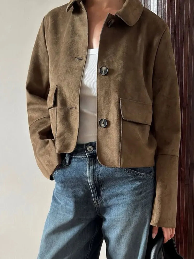 HH Donna Vintage Solid Suede Cappotto Risvolto Monopetto Manica Lunga Giacca Con Tasche Autunno Casual Outwear Giacche Corte