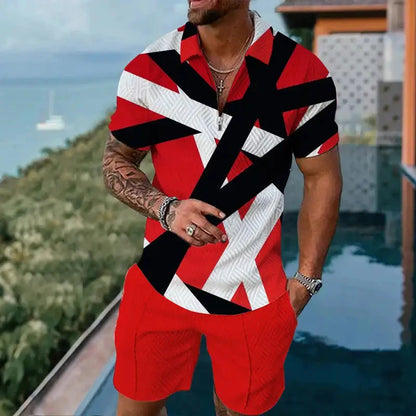 Completo estivo vintage casual a righe con stampa 3D, composto da polo, polo con cerniera e colletto, pantaloncini con cerniera, stile vacanze hawaiane da uomo.