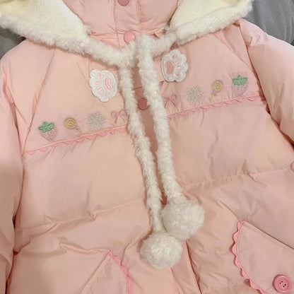 Pink Kawaii Lolita Style Women Parka Japanese Cute Embroidery Bunny Ears Hooded Jacket Loose Plush Velvet Lined Down Padded Coat