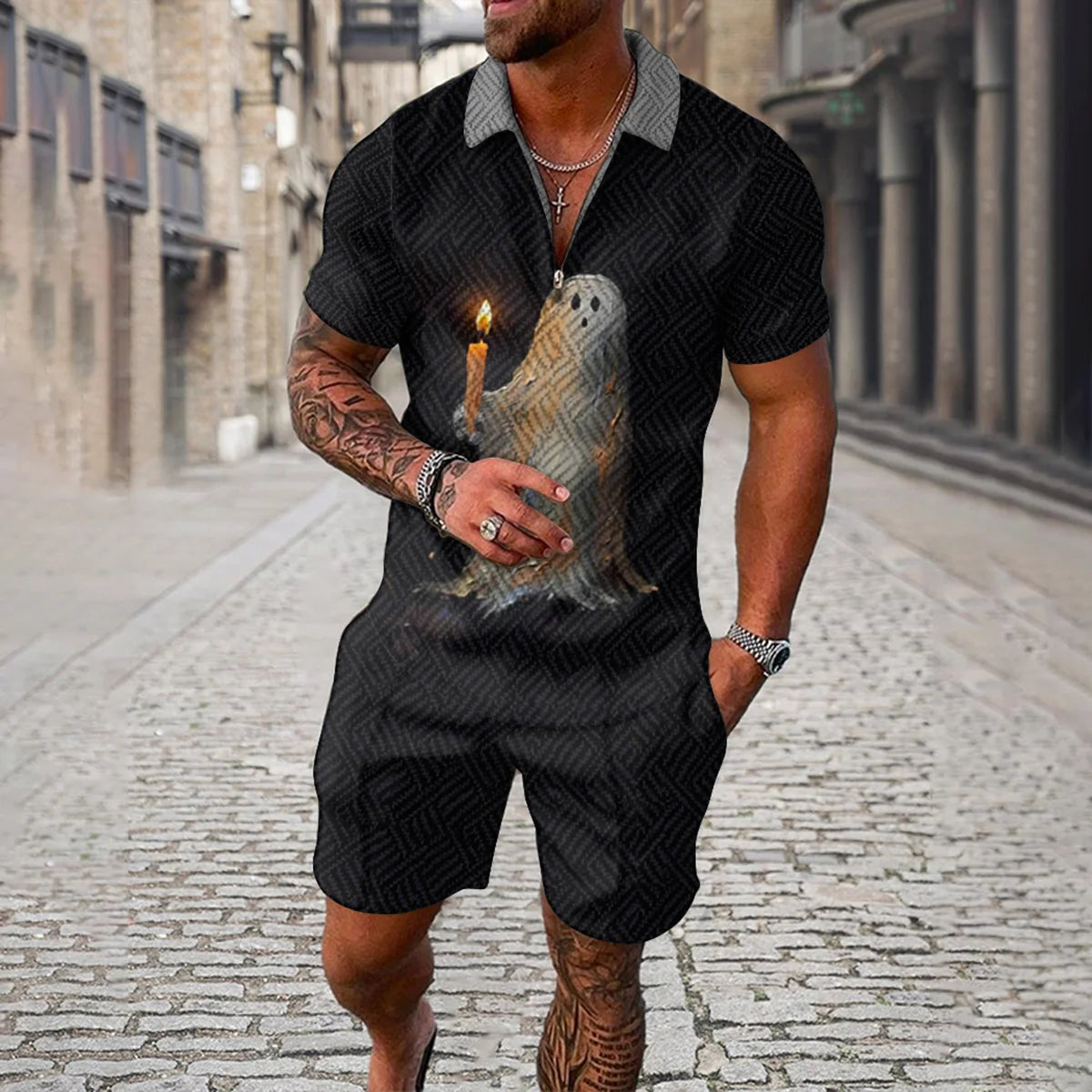 Completo estivo da uomo con stampa 3D, composto da polo con cerniera e pantaloncini, 2 pezzi, stile boho geometrico, abbigliamento per le vacanze.