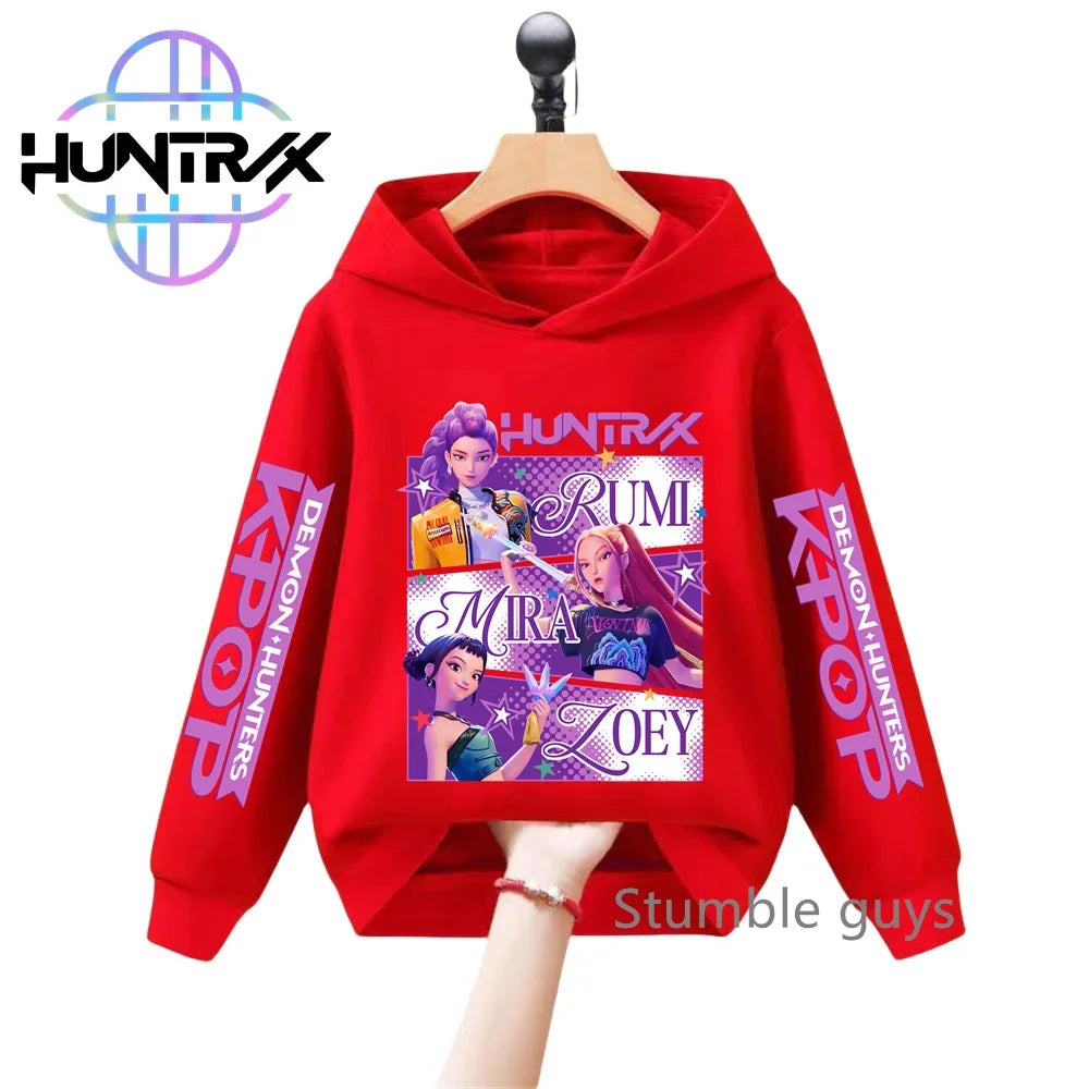 Felpa con cappuccio a maniche lunghe per bambini con stampa anime autunnale KPop Demon Hunters, abbigliamento sportivo, vestiti casual per ragazzi e ragazze.