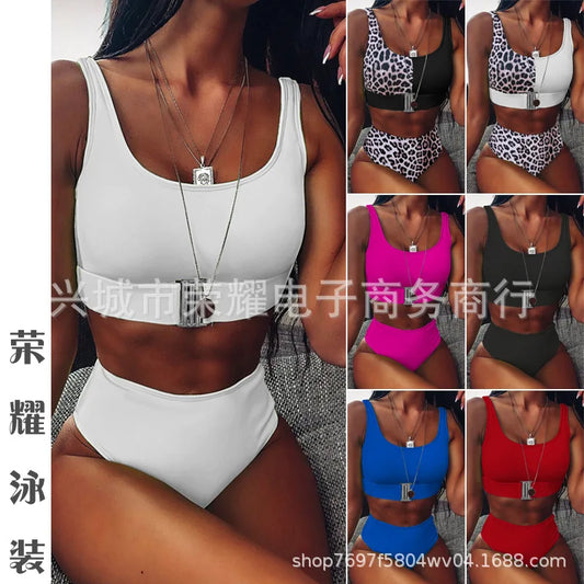 Bikini a vita alta a righe tinta unita, costume da bagno a due pezzi con copri-addome e inserto a bottone, nuovo modello, in offerta speciale per la stagione, costume da bagno da donna.