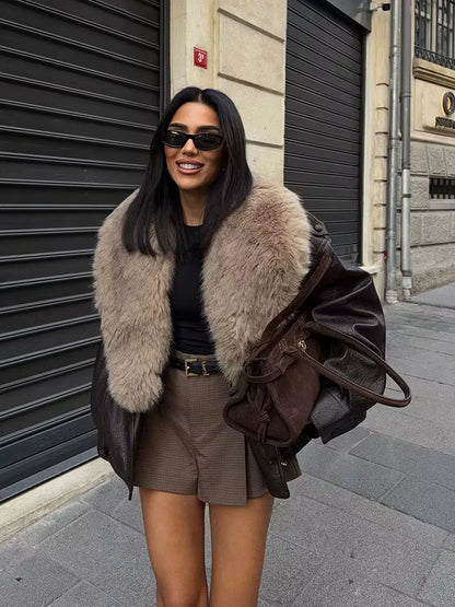 HH Women 2026 New Fashion Vintage Faux Fur Collar Jackets Long Sleeve Faux Leather Jacket Autumn High Street Lady Chic Outwear