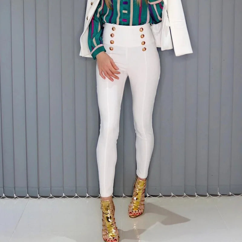 2023 Hot Selling Popular Style Elegant Women Solid Color Black & White Buttons Slim Penci Pants All-match Ankle-Length Capris