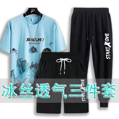 Completo sportivo da tre pezzi per ragazzi, composto da pantaloncini ad asciugatura rapida, t-shirt a maniche corte alla moda e abbigliamento casual estivo leggero per studenti.