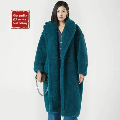 DUTRIEUX Women's Long Teddy Bear Coat, 2025 Winter New Style, Thickened Warm Alpaca Wool and Cashmere Long Genuine Fur Coat