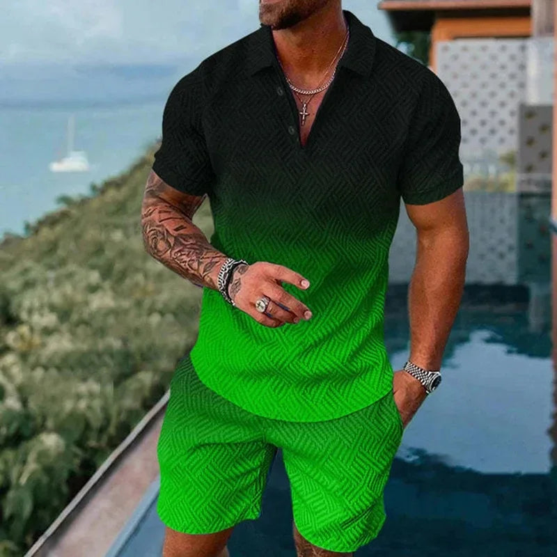 Completo da uomo composto da polo con cerniera, tinta unita, stampa 3D sfumata, colletto polo e pantaloncini. Abbigliamento estivo oversize per le vacanze alle Hawaii.