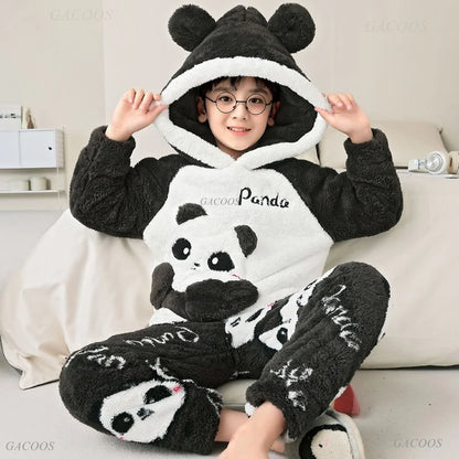 Pigiama invernale caldo per ragazzi con animali dei cartoni animati, set pigiama per bambini in pile di corallo, completo da casa in flanella con cappuccio, pigiama per ragazzi