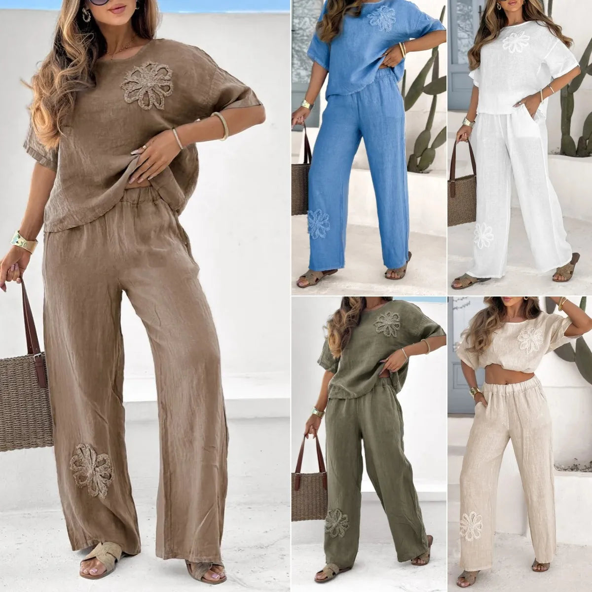 Completo casual da donna, 2 pezzi, taglie forti, ricamato, pantaloni larghi a vita alta, estivo, semplice, scollo tondo, maniche corte, completo da donna