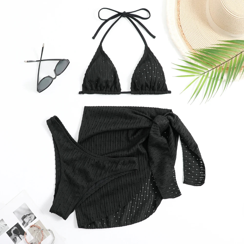 Bikini estivo 2025 a 3 pezzi con allacciatura al collo, costume da bagno sexy a perizoma in materiale speciale con gonna pareo, bianco/nero/rosa/verde, abbigliamento da spiaggia.