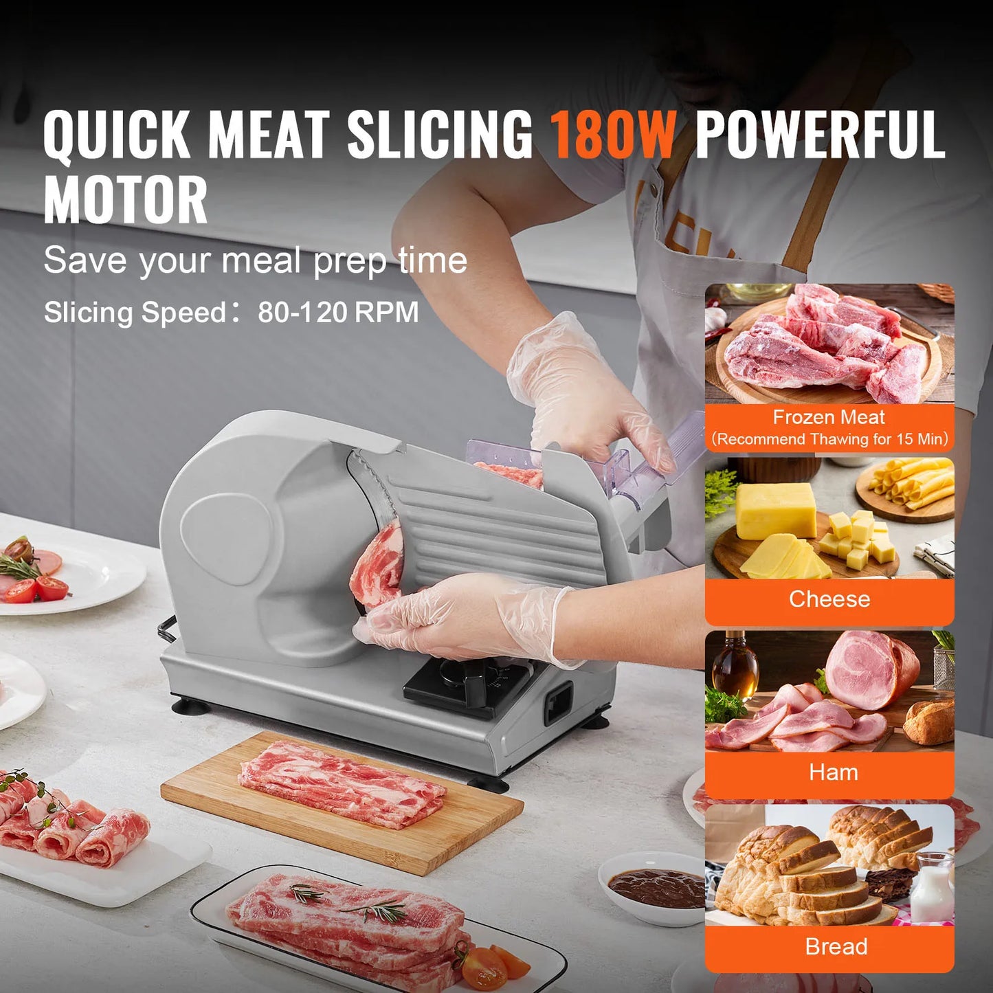 Affettatrice elettrica SucceBuy per carne e alimenti, con lama e protezione in acciaio inox SUS 420, spessore regolabile, per uso domestico.