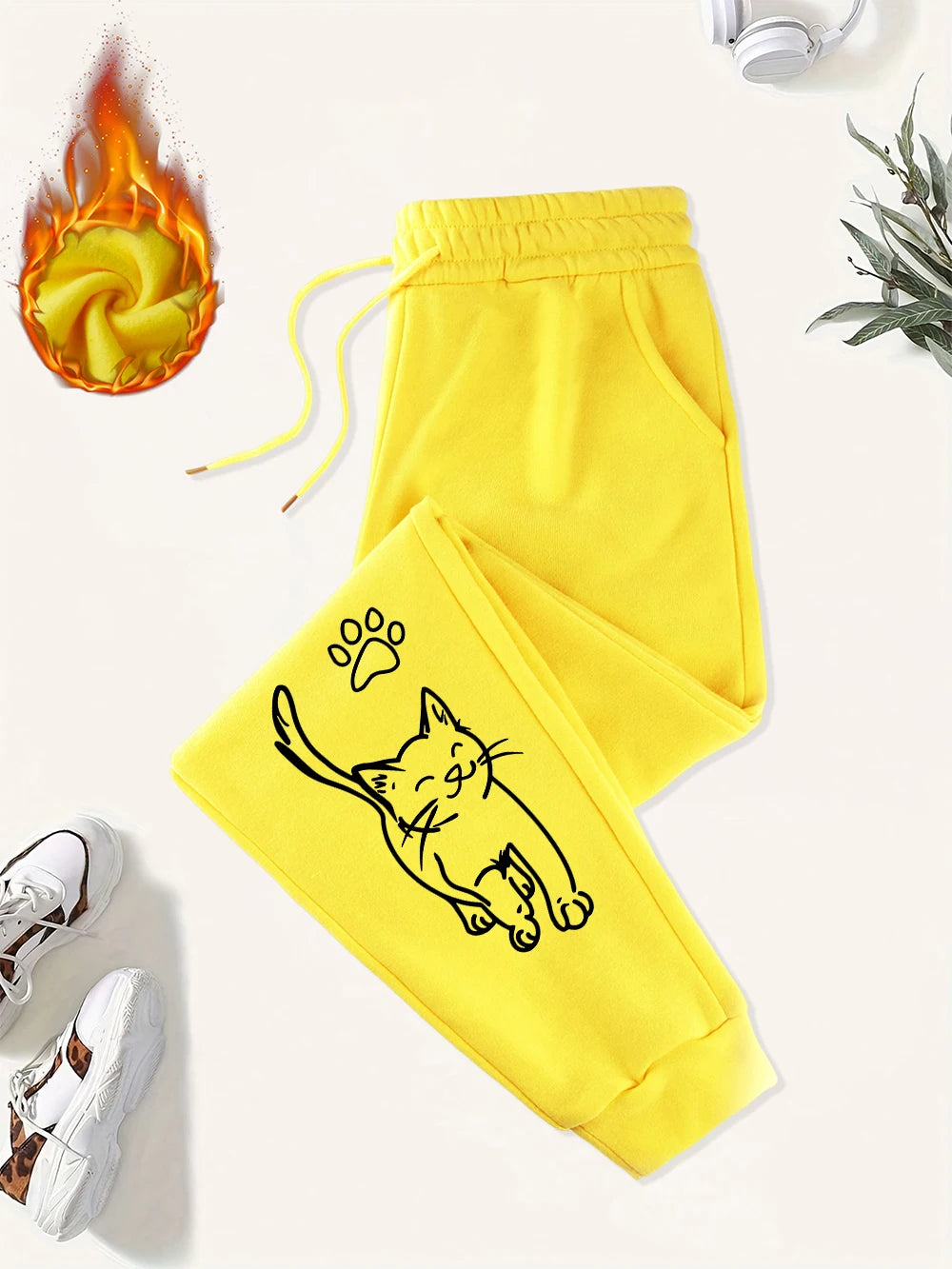Cute Cat And Paw Print Prints Sweatpants Women Basics Jogger Pants Comfortable Fleece Loose Trousers Autumn Winter Woman Clothes