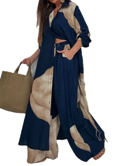 Women Autumn Fashion Casual Color Blocked Loose Shirt Top and Pants Two-piece Set Comfortable Straight Pants Female Suits 2025