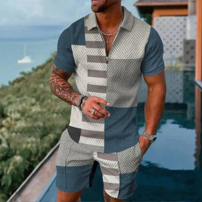Completo estivo vintage casual a righe con stampa 3D, composto da polo, polo con cerniera e colletto, pantaloncini con cerniera, stile vacanze hawaiane da uomo.