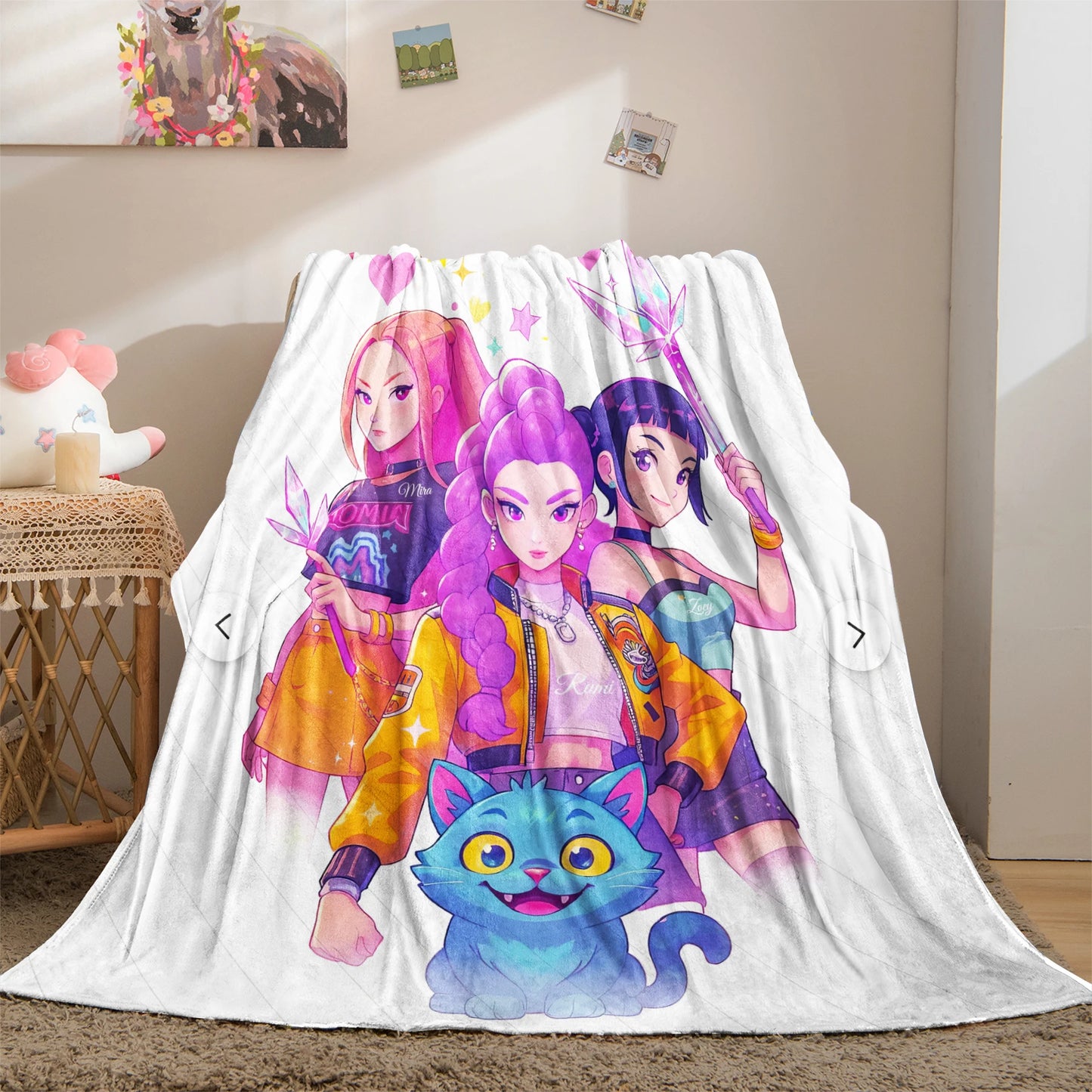 1 coperta in flanella con motivo gatto Huntrix, ideale per la camera da letto delle ragazze o per le vacanze.