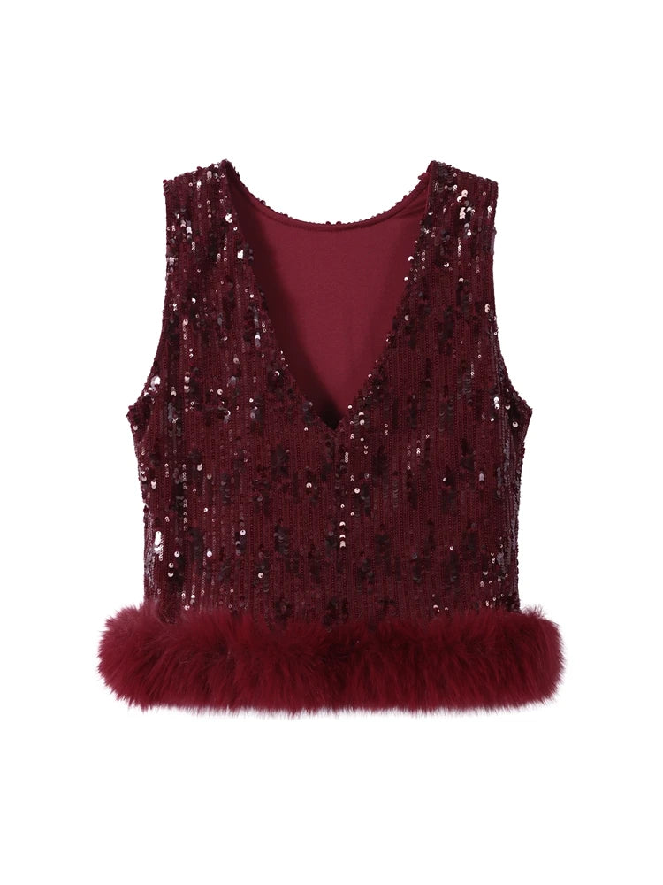 Fashion Faux Fur Sequins Patchwork Vests Long Pant Sets For Women Elegant Backless Sleeveless Tank Tops Wide Leg 2 Pieces Outfit